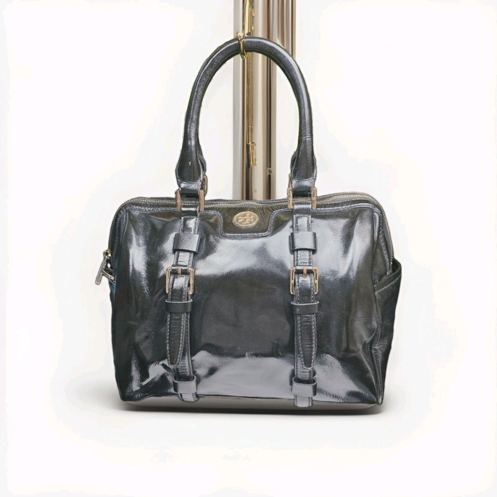 Tory Burch Satchel Bag Black Patent Leather Gold Buckle Professional Classic